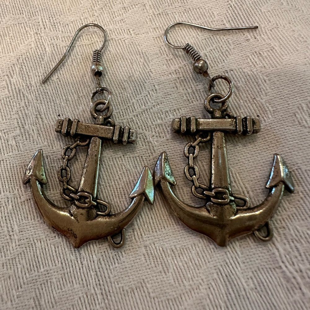 Earrings Pierced Fishhook Silver Anchors Nautical